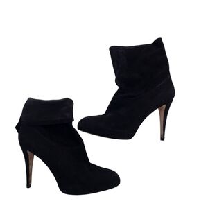 Brian Atwood booties black suede stiletto heel fold over almond toe size 38.5